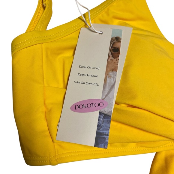 Women’s Yellow Wrap Criss Cross Back Tie Knot Bikini Top Size L Swimwear Beach - Picture 5 of 10